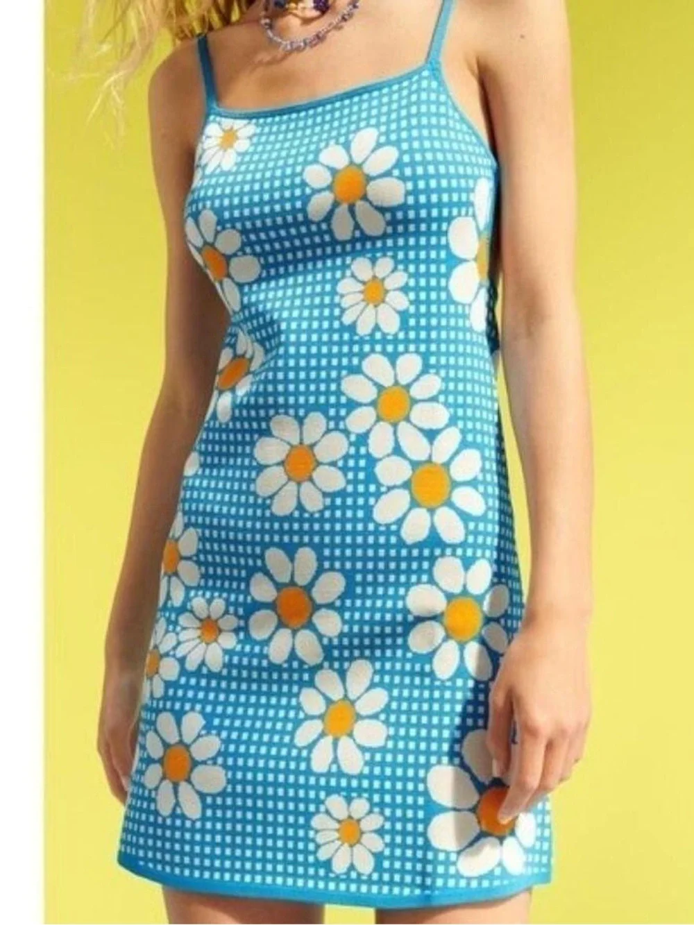 Zara Blue Gingham Daisy Knit Mini Dress Size Large - Picture 2 of 12